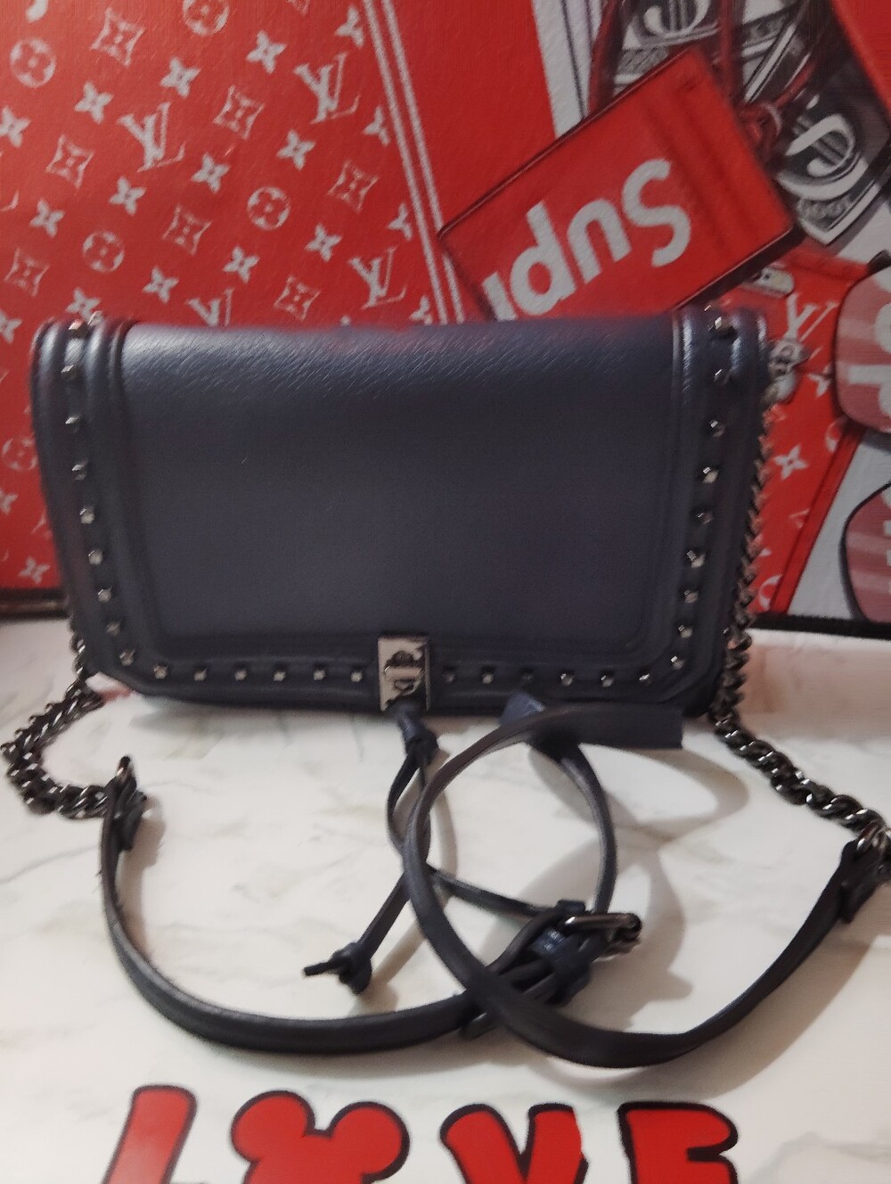 !!! Blue Stud-Trim Chain Shoulder Bag -